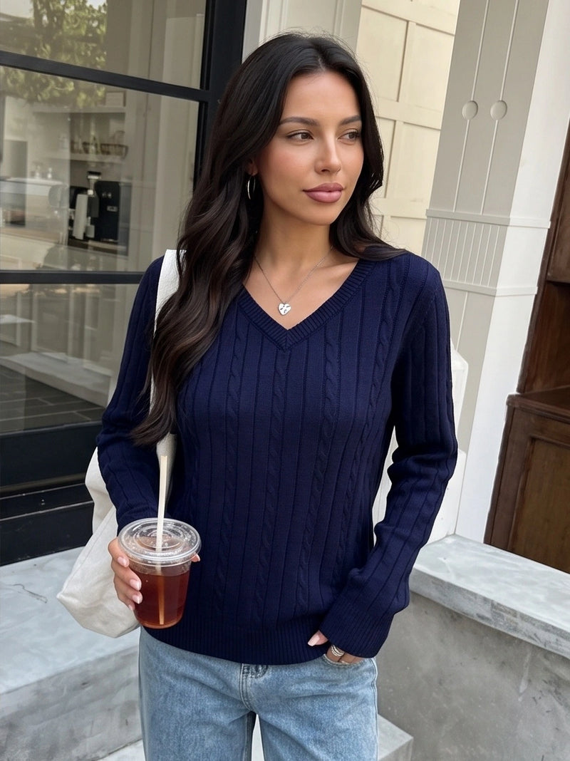 SALAZIA V-Neck Cable Knit Long Sleeve Loose Cropped Pullover Sweaters