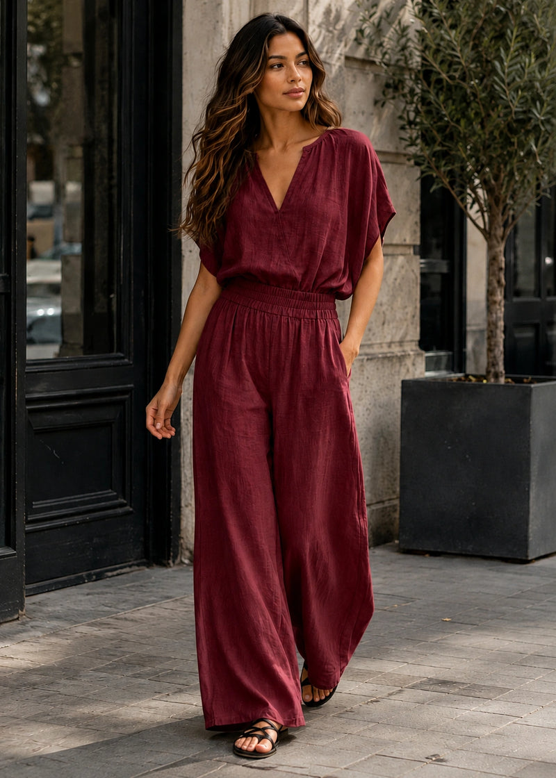 SALAZIA V-Neck Drop-Shoulder Top & Smocked Waist Wide-Leg Pants Sets