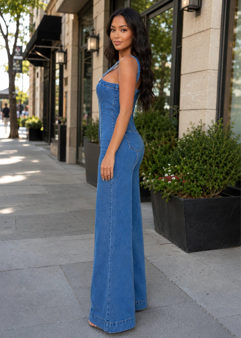 SALAZIA V Neck Button Front Wide Leg Cotton Jumpsuits