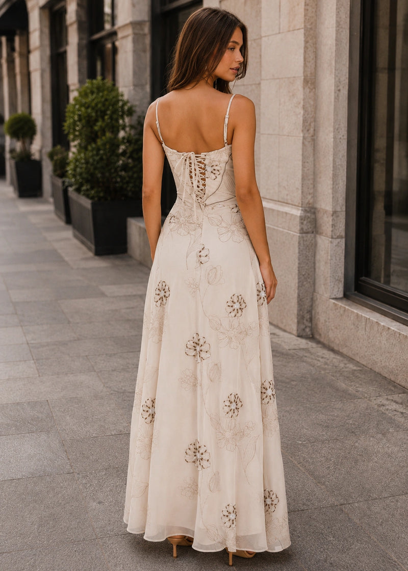 SALAZIA Vanilla Embroidered Hand Beaded Floral Maxi Dresses