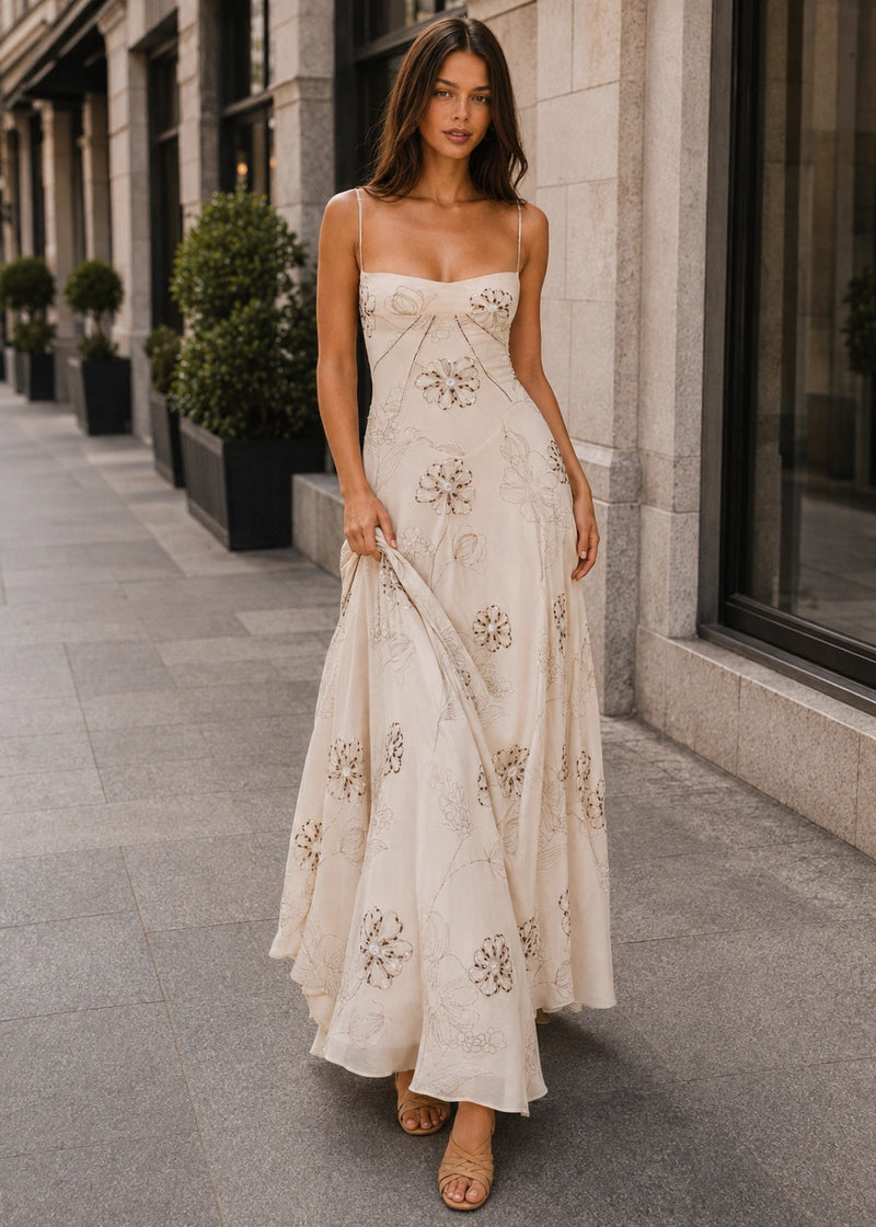 SALAZIA Vanilla Embroidered Hand Beaded Floral Maxi Dresses