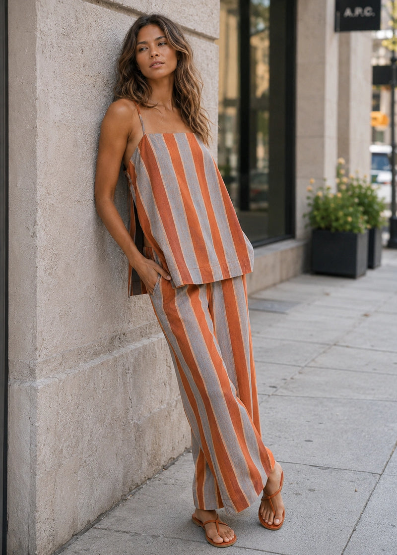 SALAZIA Vertical Stripe Square Neck Tank & Wide-Leg Pants Sets