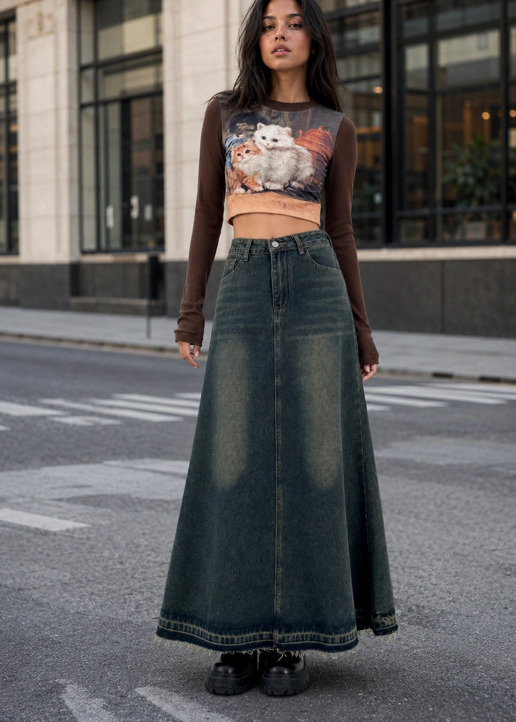 SALAZIA Vintage Blue Washed Denim High-Waist Raw-Hem Fishtail Midi Skirts