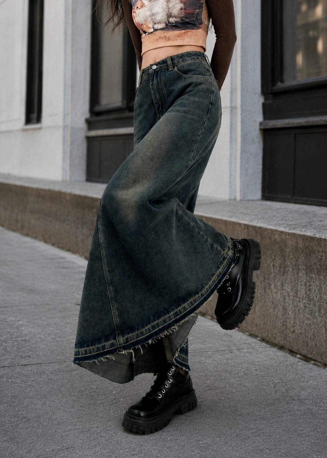 SALAZIA Vintage Blue Washed Denim High-Waist Raw-Hem Fishtail Midi Skirts