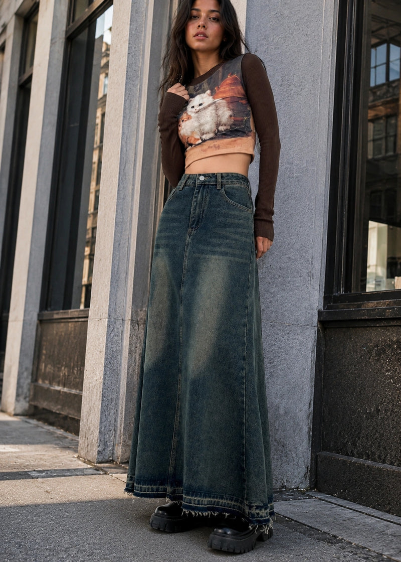 SALAZIA Vintage Blue Washed Denim High-Waist Raw-Hem Fishtail Midi Skirts