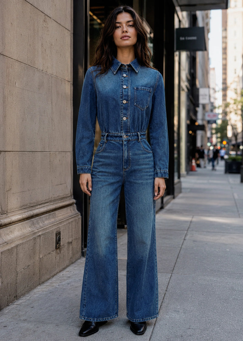 SALAZIA Washed Button-Front Long Sleeve Denim Jumpsuits