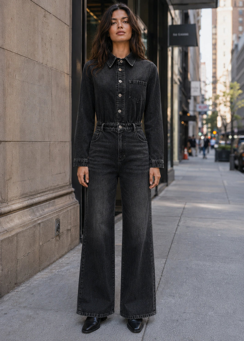 SALAZIA Washed Button-Front Long Sleeve Denim Jumpsuits