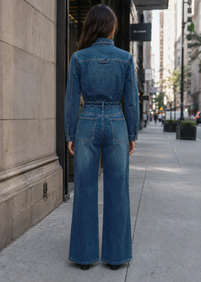 SALAZIA Washed Button-Front Long Sleeve Denim Jumpsuits
