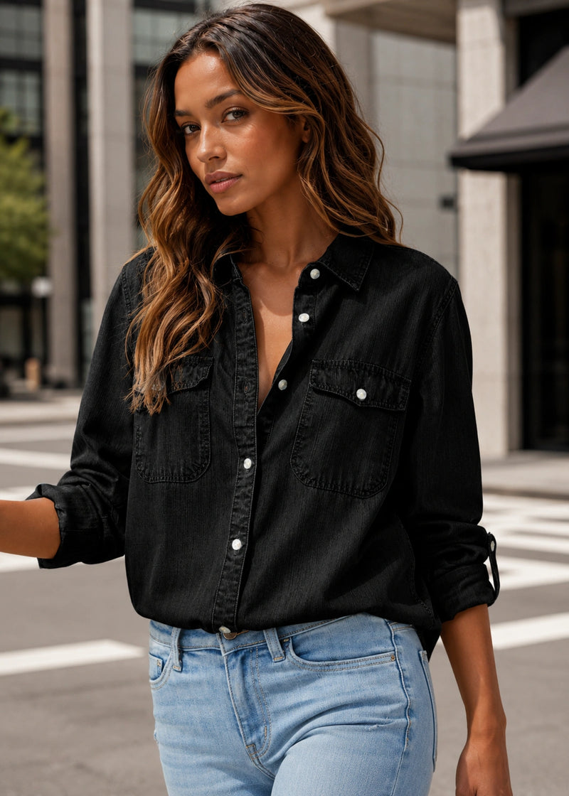 SALAZIA Washed Collared Button-Front Utility Denim Shirts