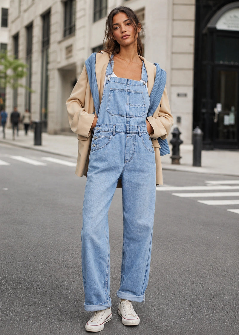 SALAZIA Washed Cotton Denim Bib Straight-Leg Jumpsuits