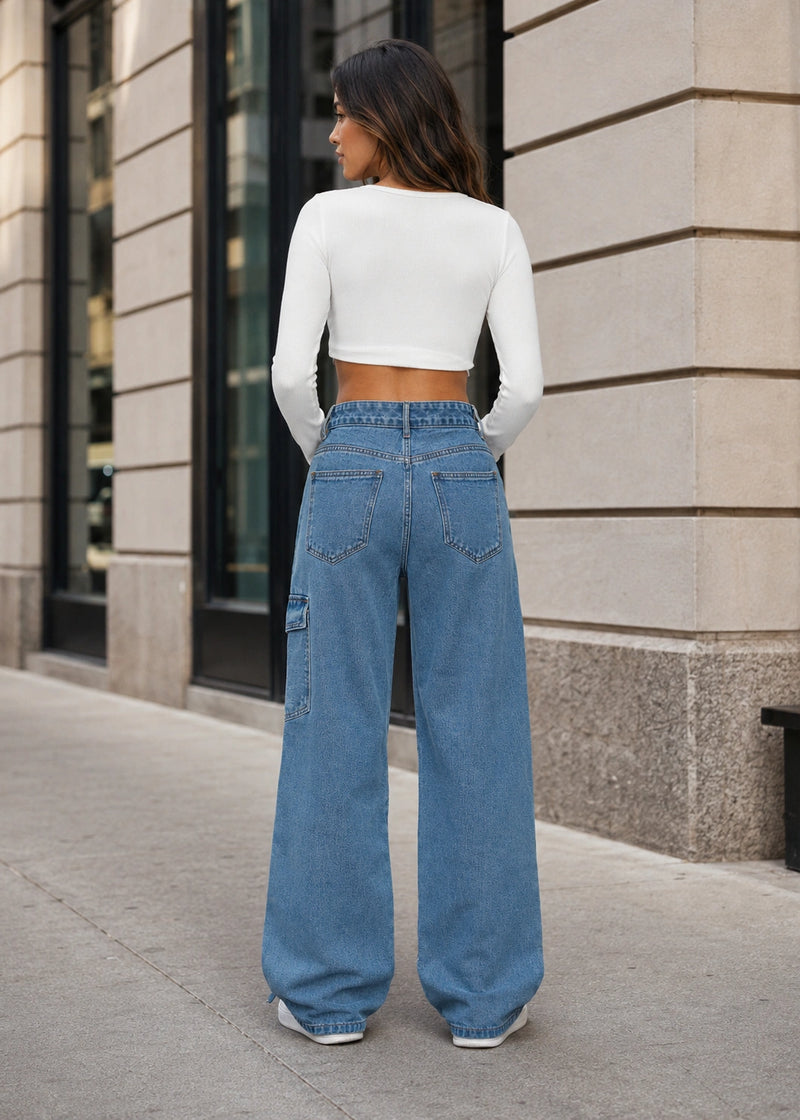 SALAZIA Washed Denim Cargo Pocket Drawstring Wide-Leg Jeans