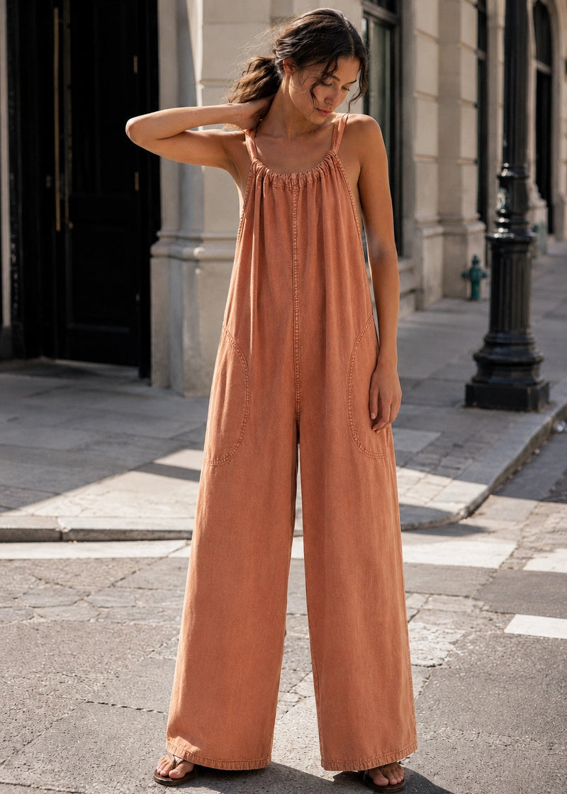 SALAZIA Washed Denim Gathered Neck Wide-Leg Jumpsuits