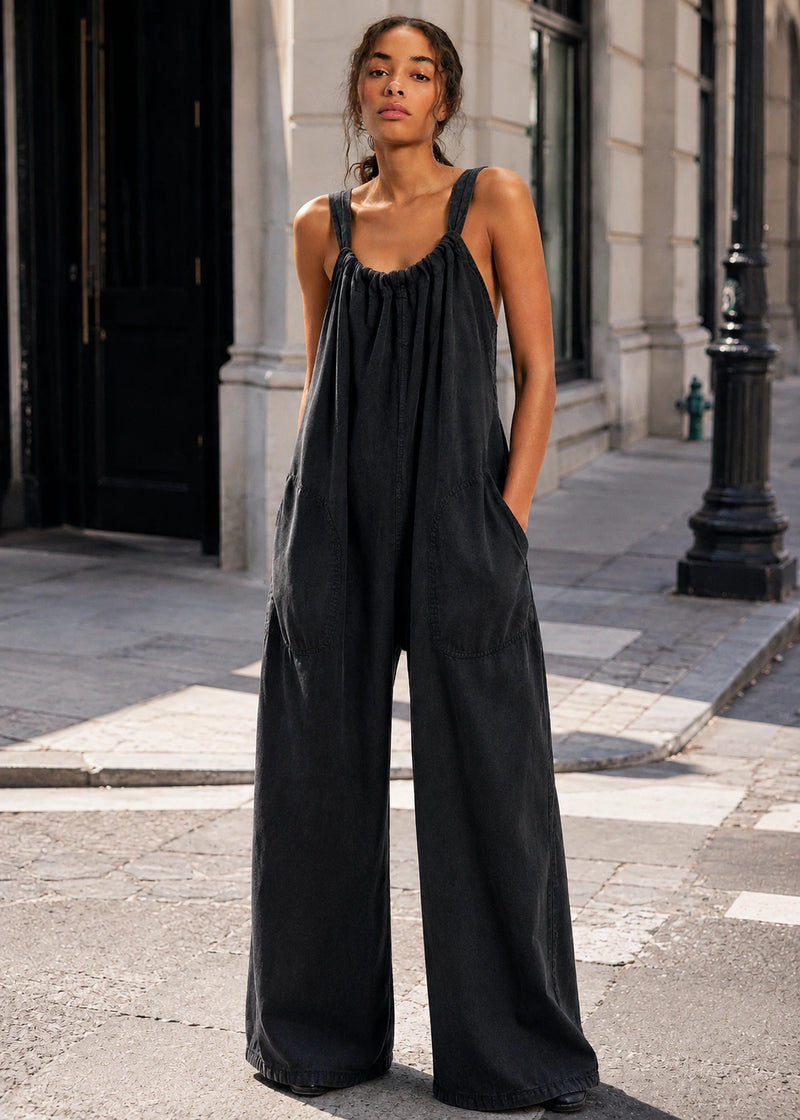 SALAZIA Washed Denim Gathered Neck Wide-Leg Jumpsuits