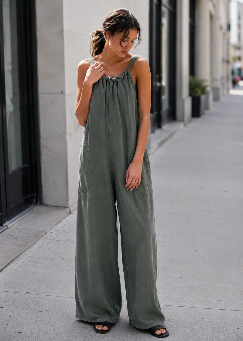 SALAZIA Washed Denim Gathered Neck Wide-Leg Jumpsuits