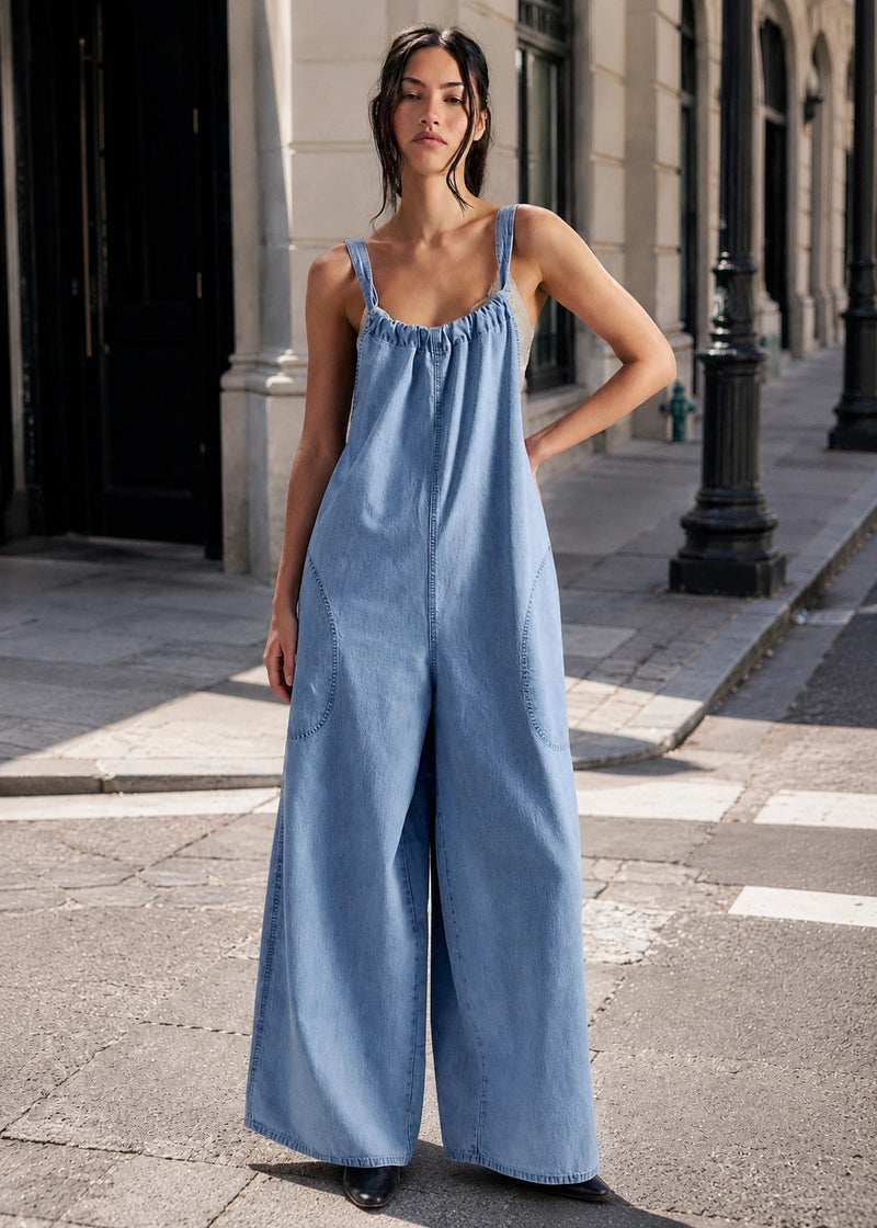 SALAZIA Washed Denim Gathered Neck Wide-Leg Jumpsuits