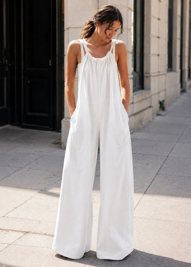 SALAZIA Washed Denim Gathered Neck Wide-Leg Jumpsuits