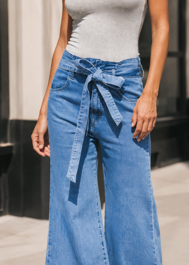 SALAZIA Washed Denim Self-Tie Belt High-Waist Wide-Leg Flare Jeans