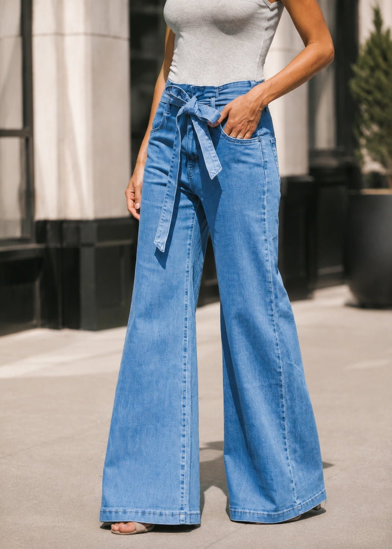 SALAZIA Washed Denim Self-Tie Belt High-Waist Wide-Leg Flare Jeans