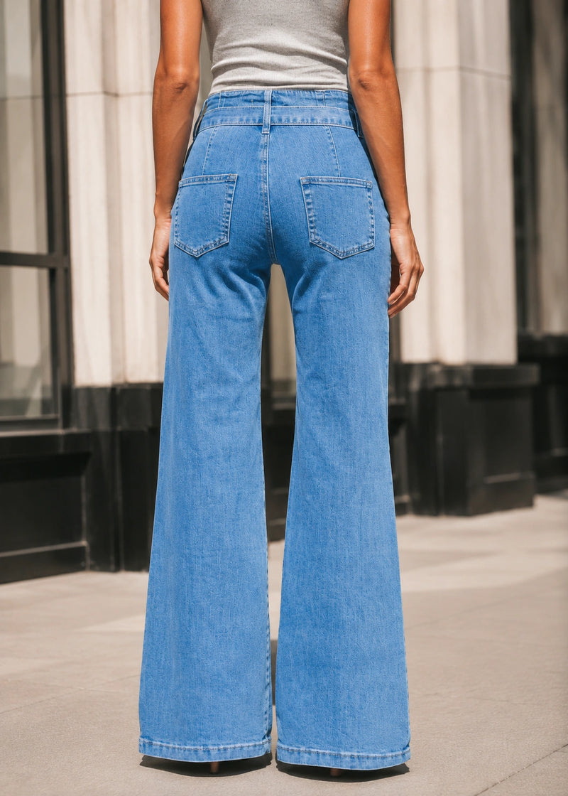 SALAZIA Washed Denim Self-Tie Belt High-Waist Wide-Leg Flare Jeans