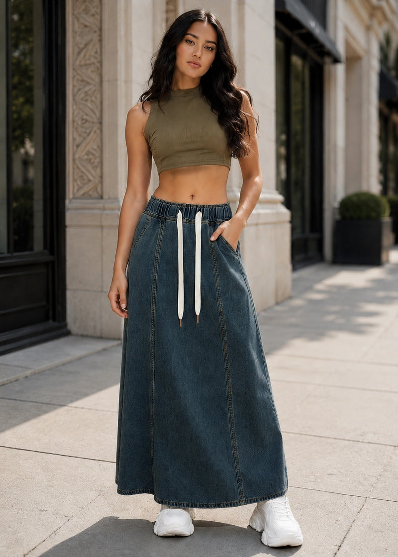 SALAZIA Washed Drawstring Denim Maxi Skirts