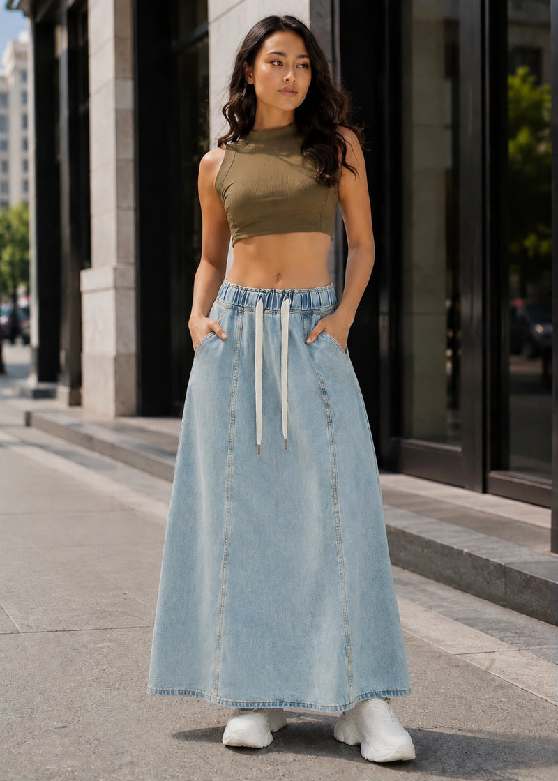 SALAZIA Washed Drawstring Denim Maxi Skirts