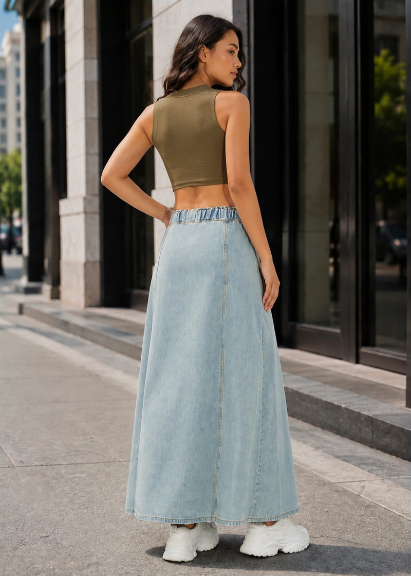 SALAZIA Washed Drawstring Denim Maxi Skirts