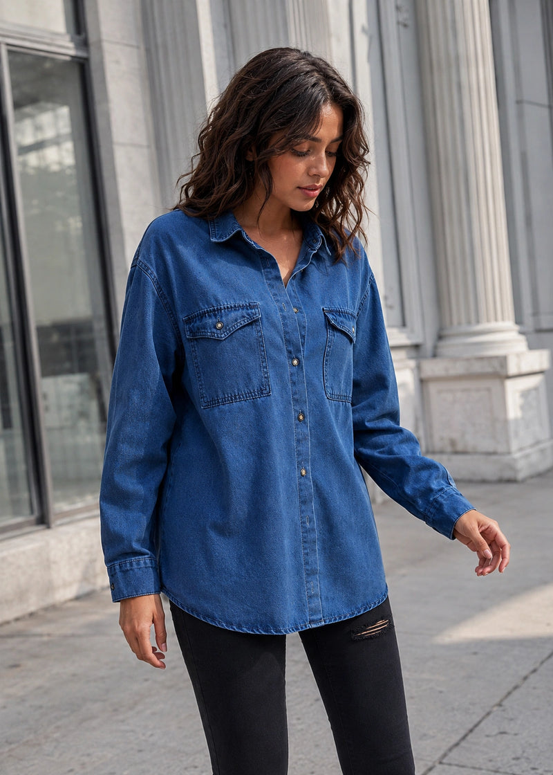 SALAZIA Washed Oversized Denim Button-Up Shirts