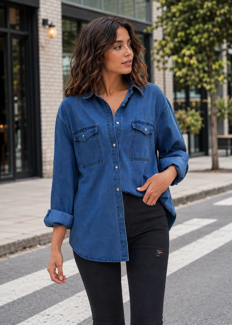 SALAZIA Washed Oversized Denim Button-Up Shirts
