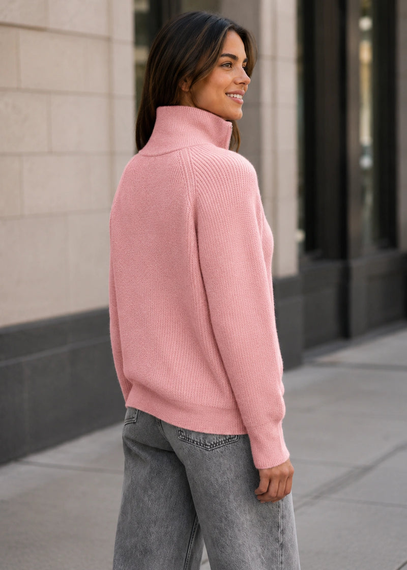 SALAZIA Zip-Up Stand Collar Knit Sweaters