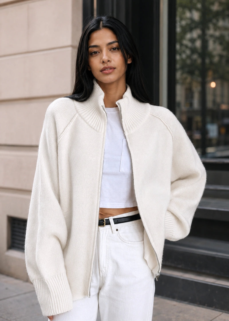 SALAZIA Zip-Up Stand Collar Soft Knit Cardigan Sweaters