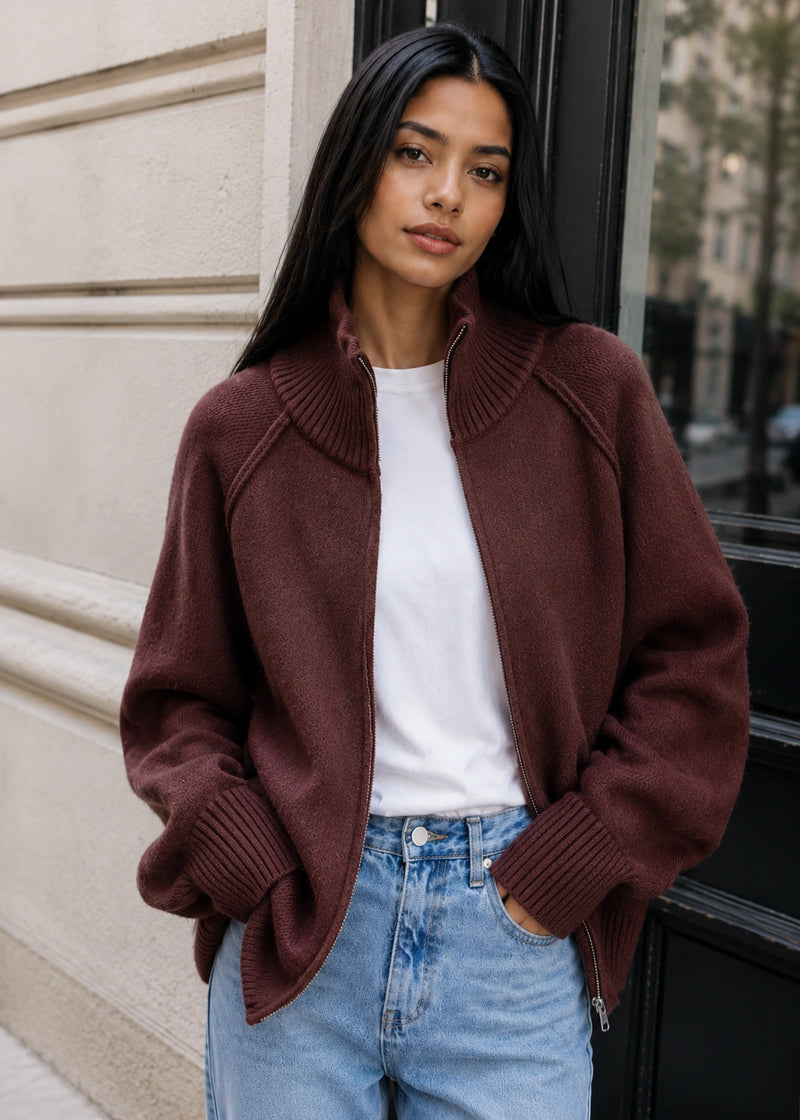 SALAZIA Zip-Up Stand Collar Soft Knit Cardigan Sweaters