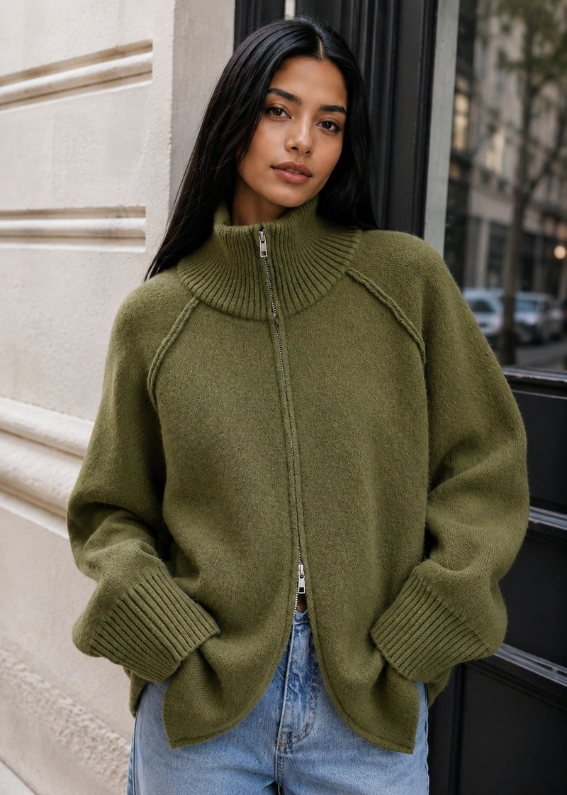 SALAZIA Zip-Up Stand Collar Soft Knit Cardigan Sweaters