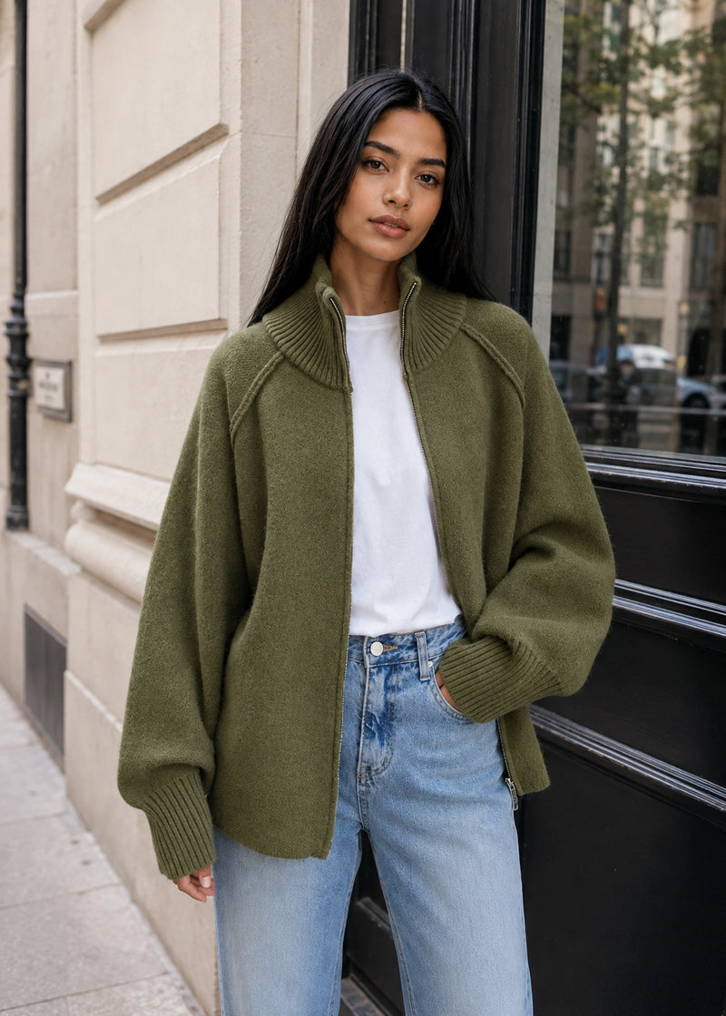SALAZIA Zip-Up Stand Collar Soft Knit Cardigan Sweaters