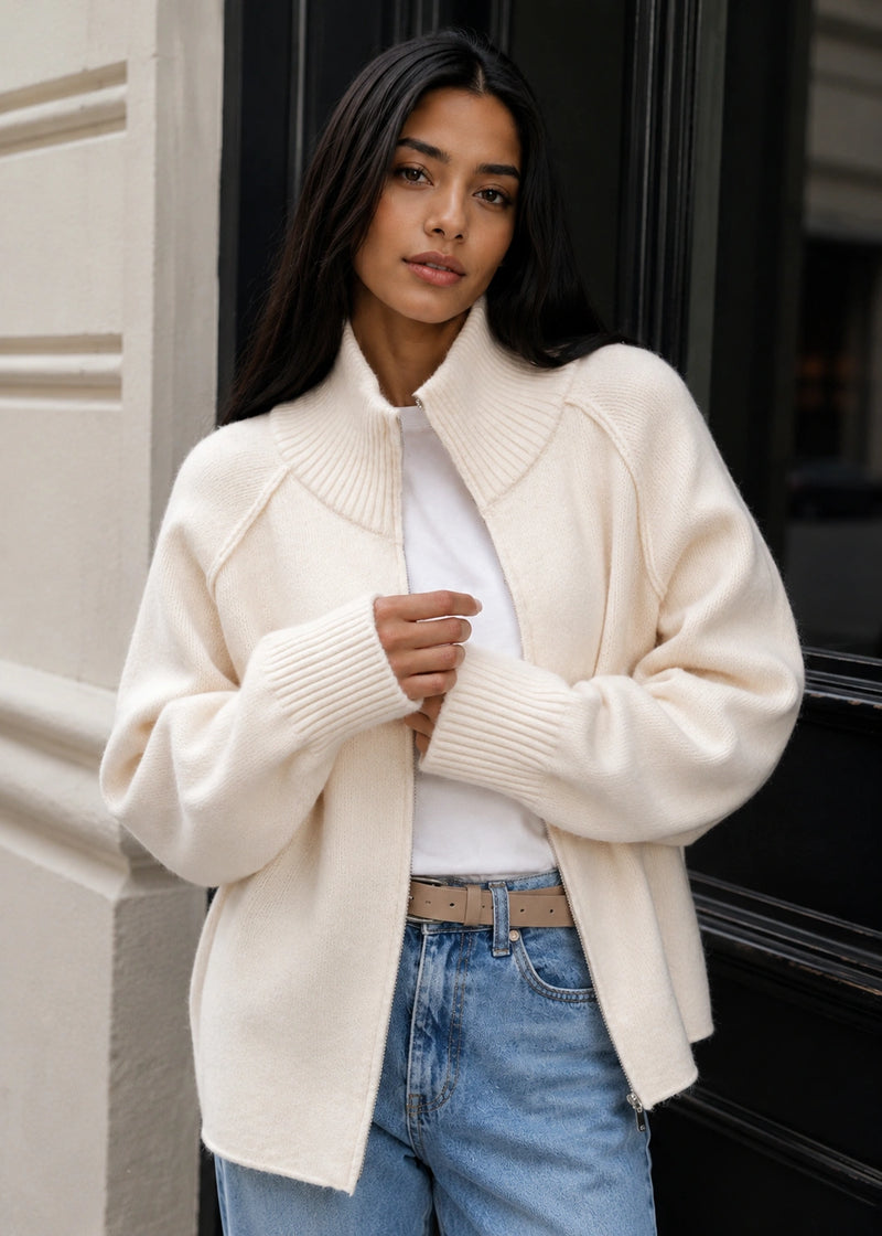 SALAZIA Zip-Up Stand Collar Soft Knit Cardigan Sweaters