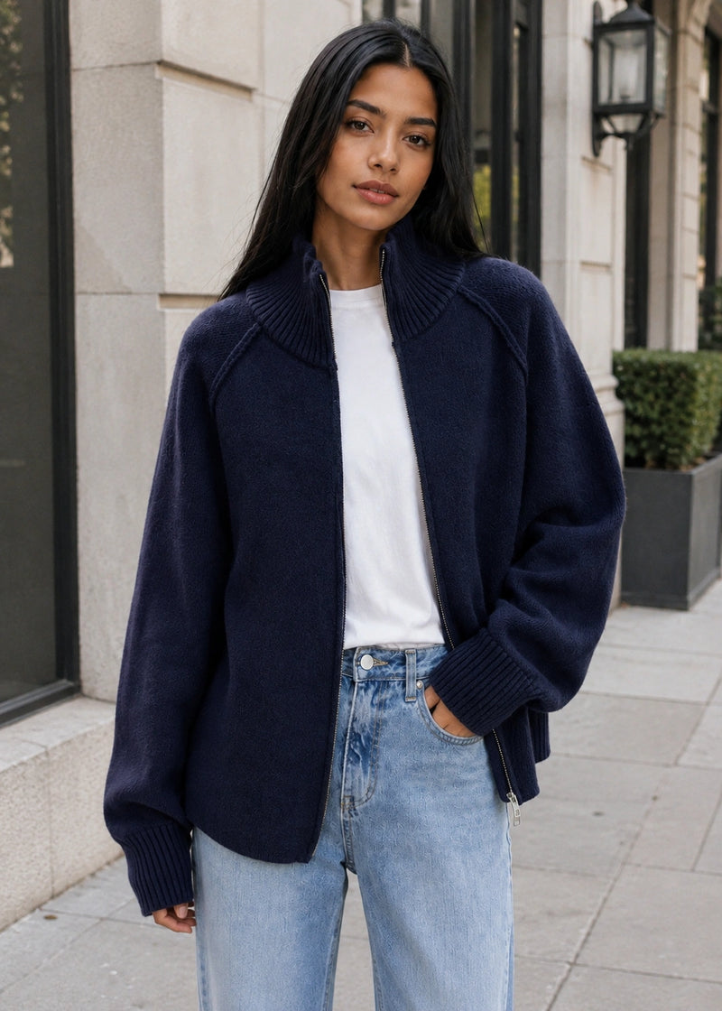 SALAZIA Zip-Up Stand Collar Soft Knit Cardigan Sweaters