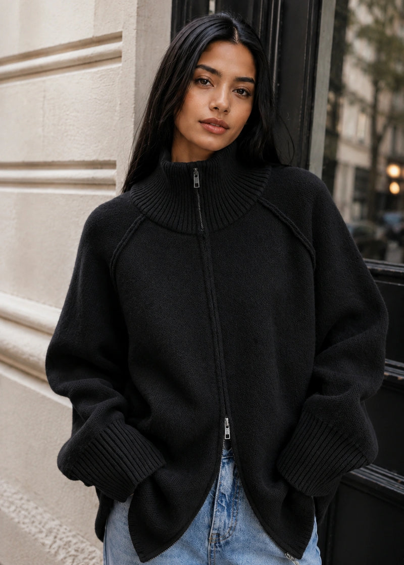 SALAZIA Zip-Up Stand Collar Soft Knit Cardigan Sweaters