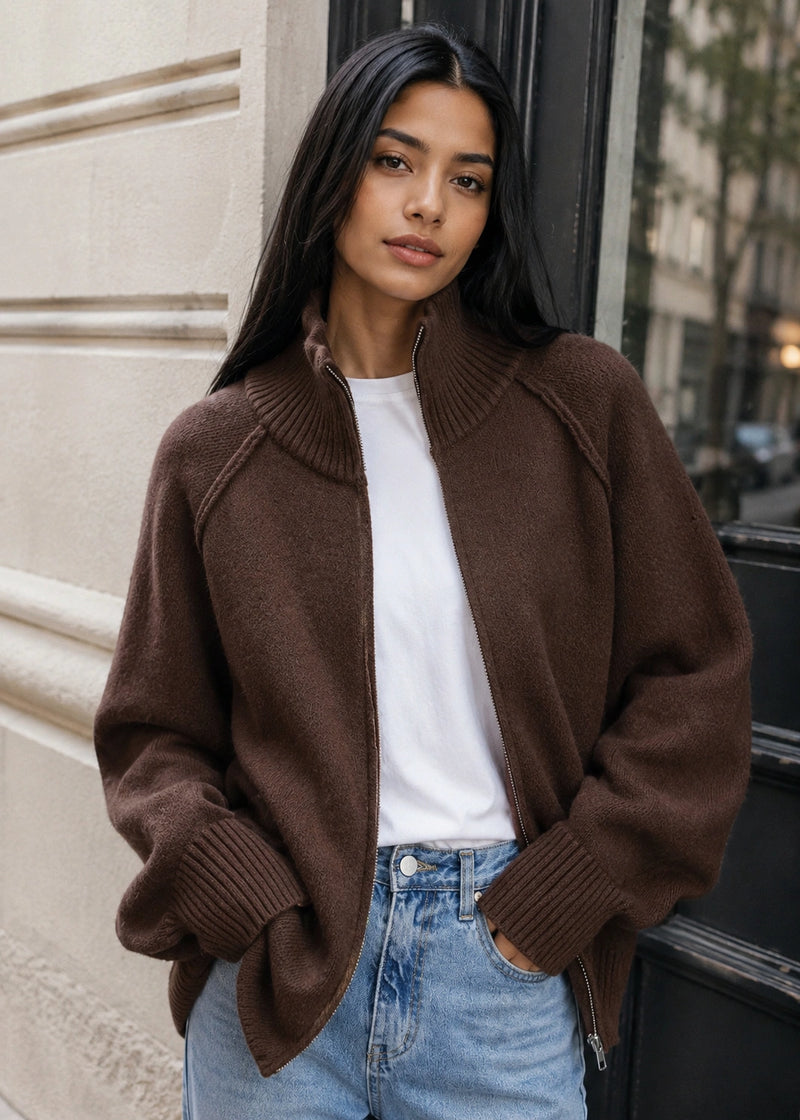 SALAZIA Zip-Up Stand Collar Soft Knit Cardigan Sweaters
