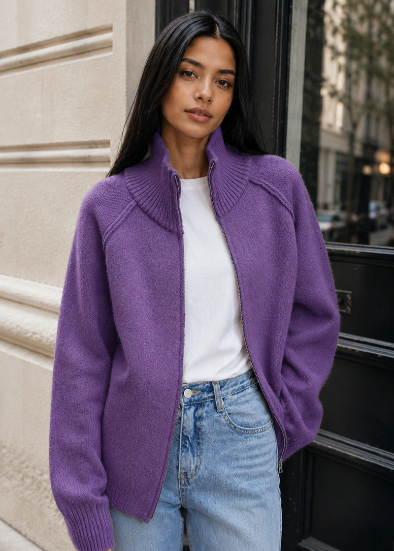 SALAZIA Zip-Up Stand Collar Soft Knit Cardigan Sweaters