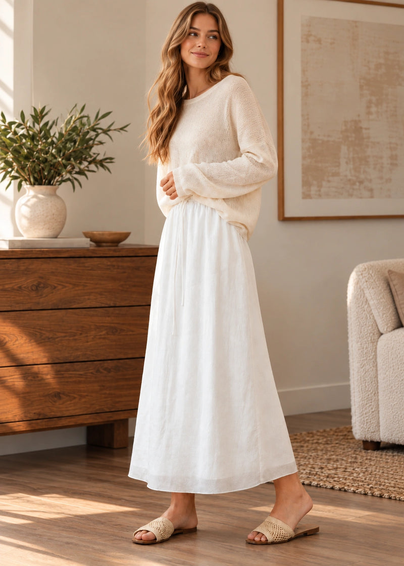 SALAZIA Drawstring Lyocell Linen Straight Maxi Skirts