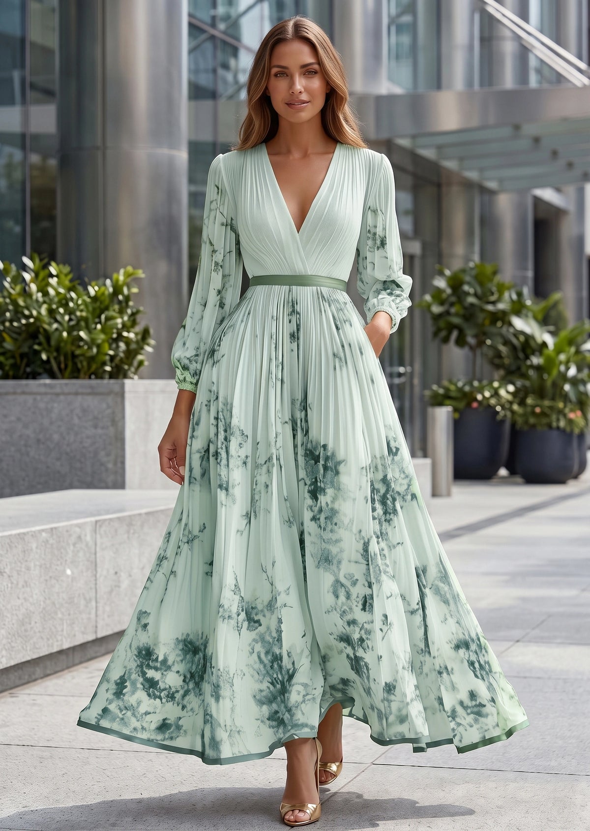 SALAZIA Elegant Floral Print V-Neck Pleated Long Sleeve Maxi A-Line Dress