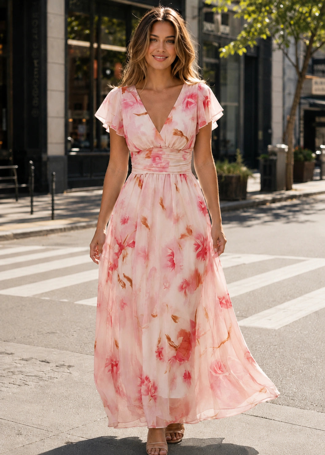 SALAZIA Floral Print V-Neck Flutter Sleeve Maxi Dresses