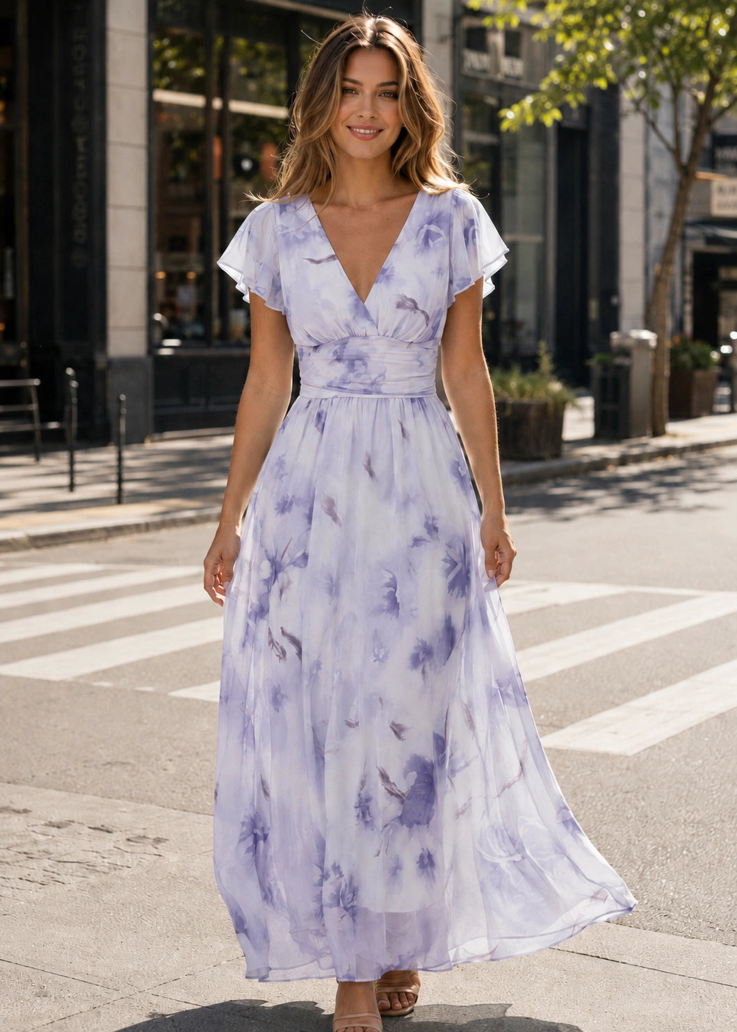 SALAZIA Floral Print V-Neck Flutter Sleeve Maxi Dresses