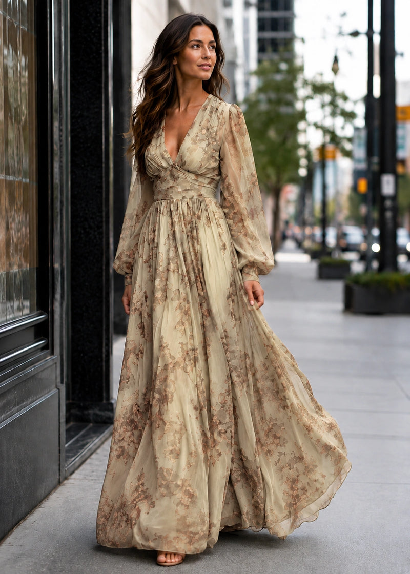 SALAZIA Floral V-Neck Sheer Sleeve Maxi Dresses