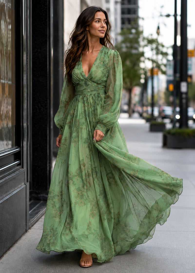 SALAZIA Floral V-Neck Sheer Sleeve Maxi Dresses