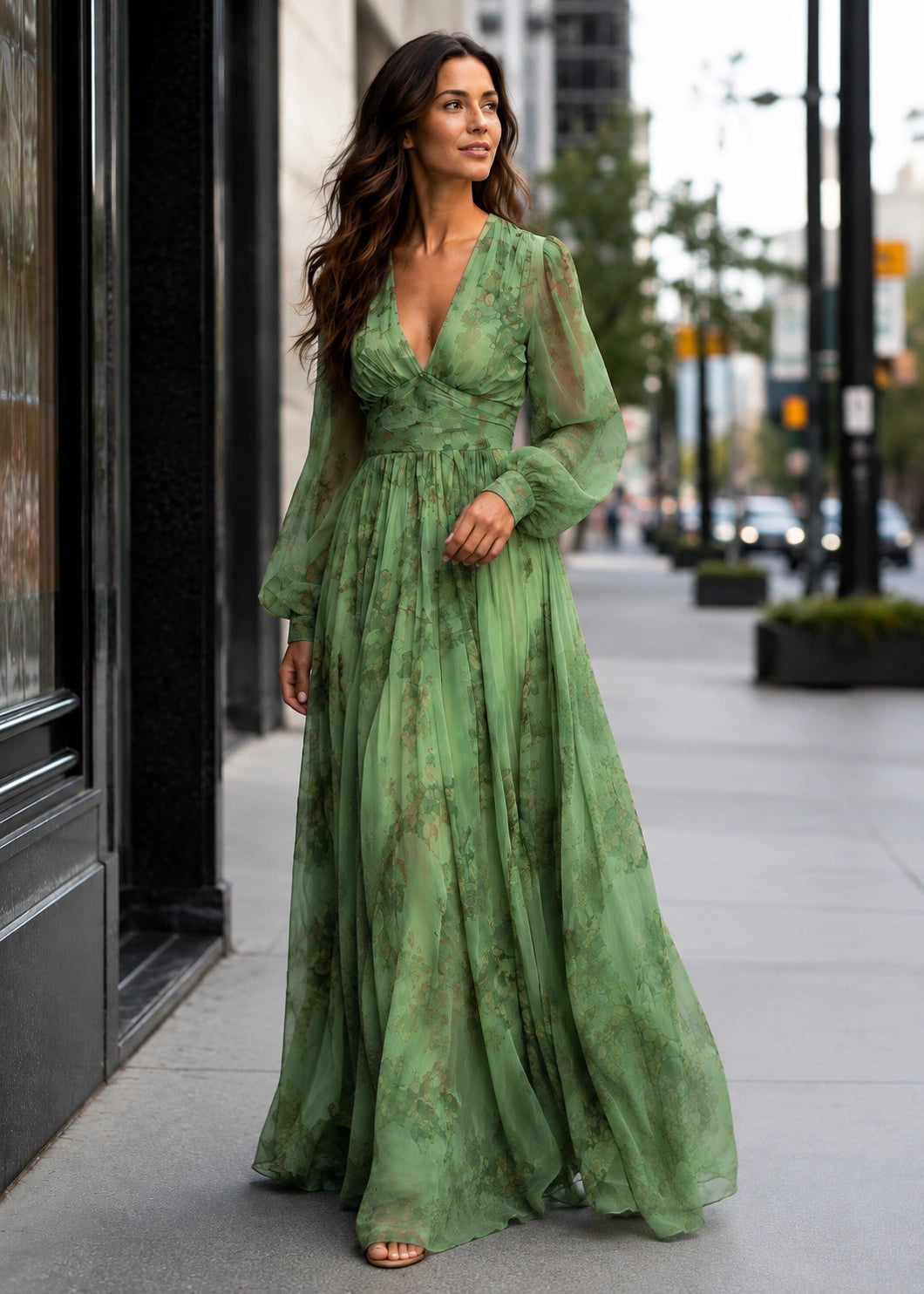 SALAZIA Floral V-Neck Sheer Sleeve Maxi Dresses