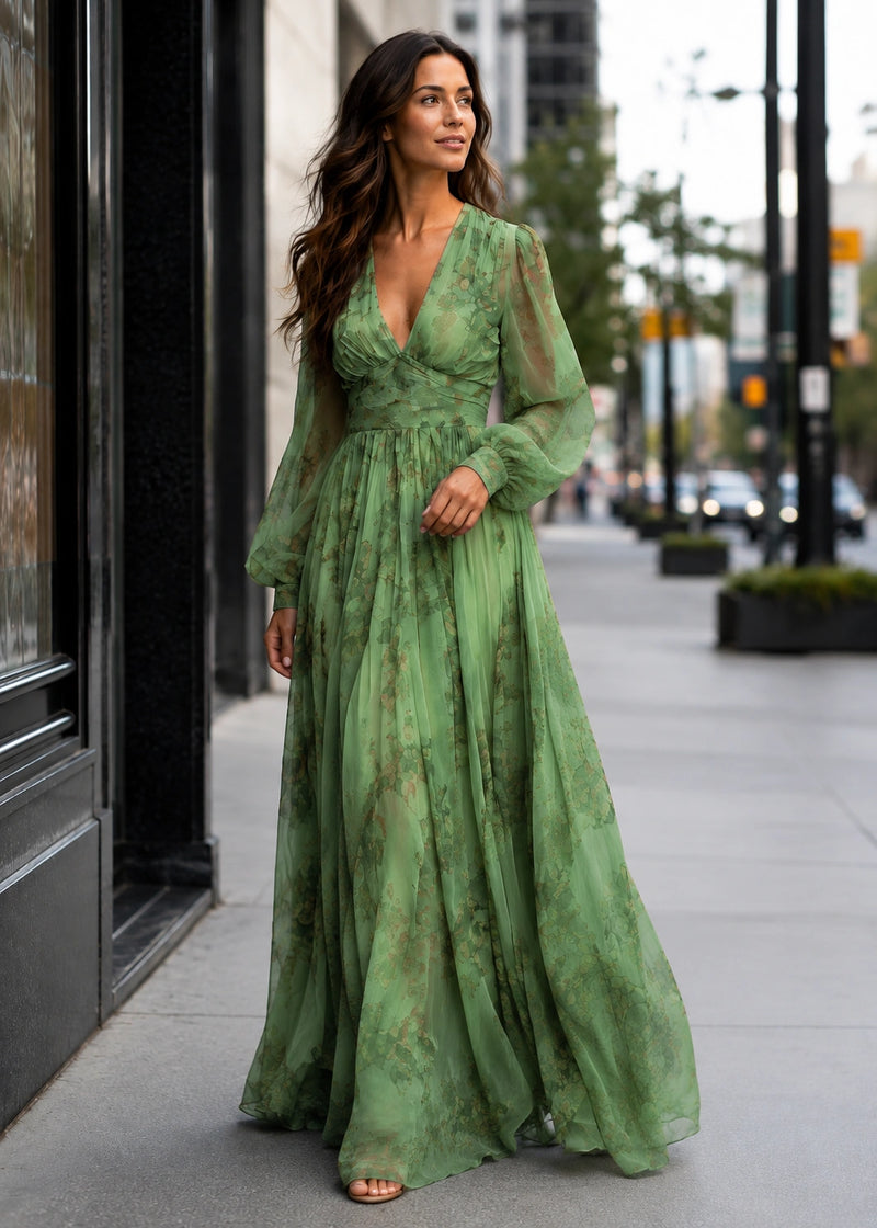 SALAZIA Floral V-Neck Sheer Sleeve Maxi Dresses