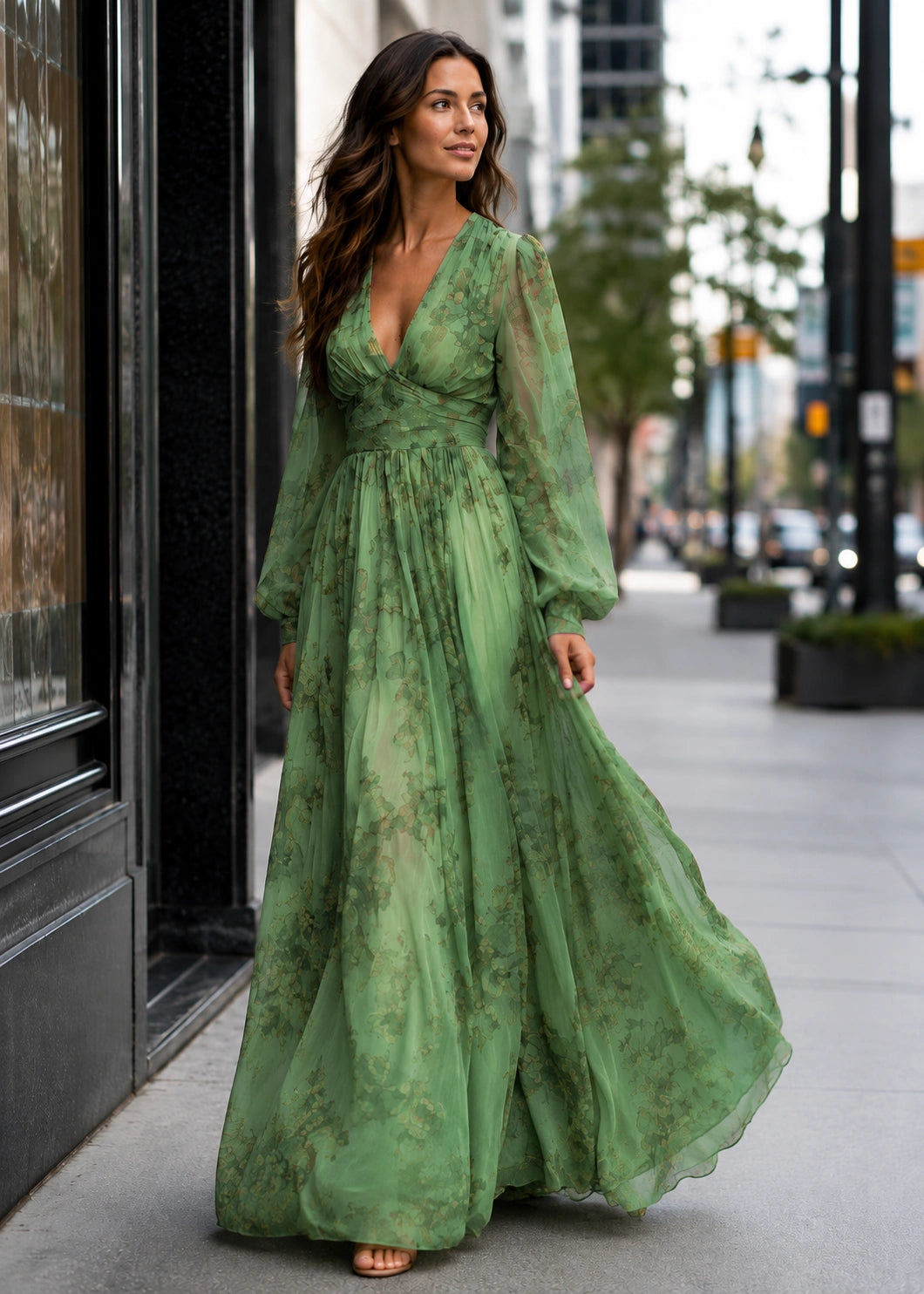 SALAZIA Floral V-Neck Sheer Sleeve Maxi Dresses