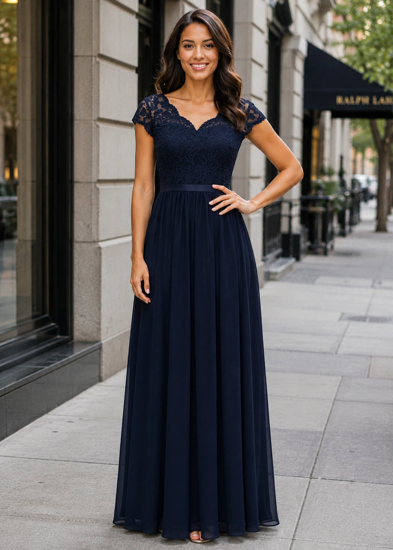 SALAZIA Lace-Panel Fitted-Waist Short-Sleeve Maxi Dresses