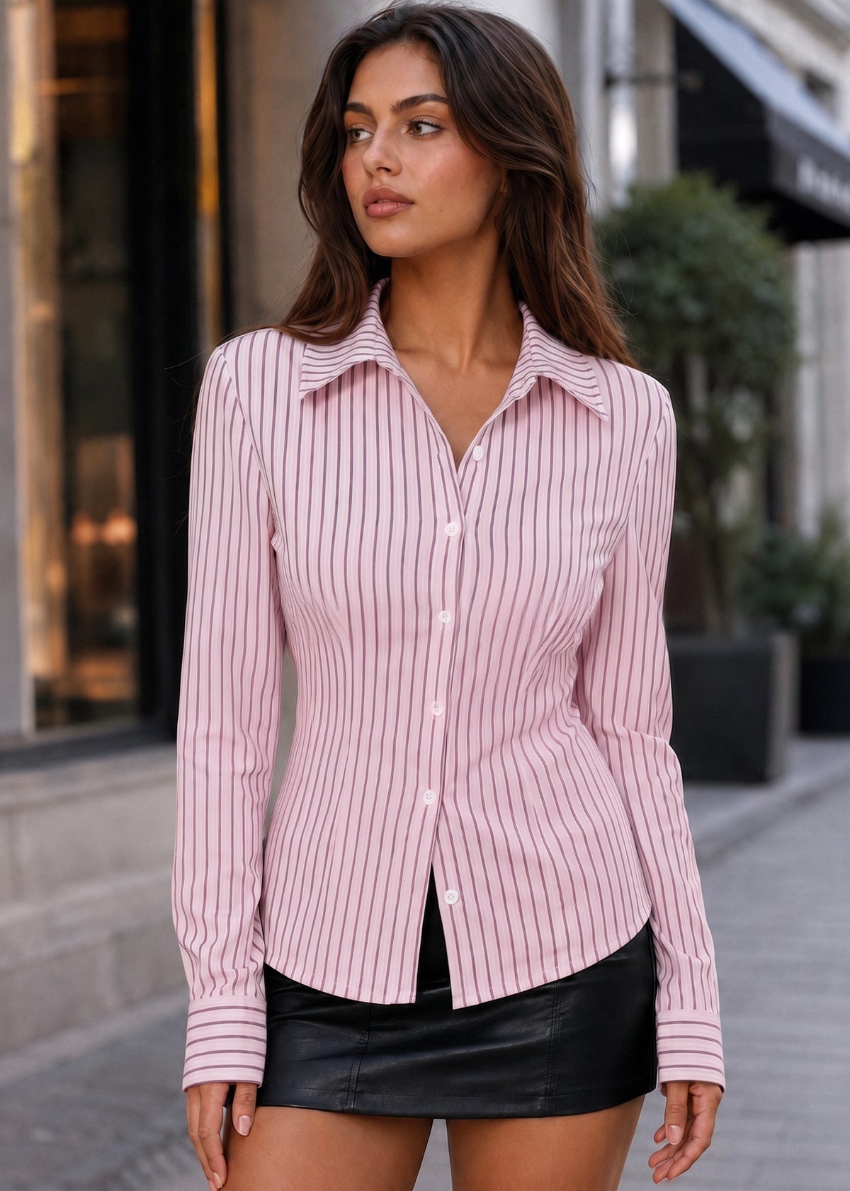 SALAZIA Pinstripe Collared Button-Front Cinched Waist Shirts