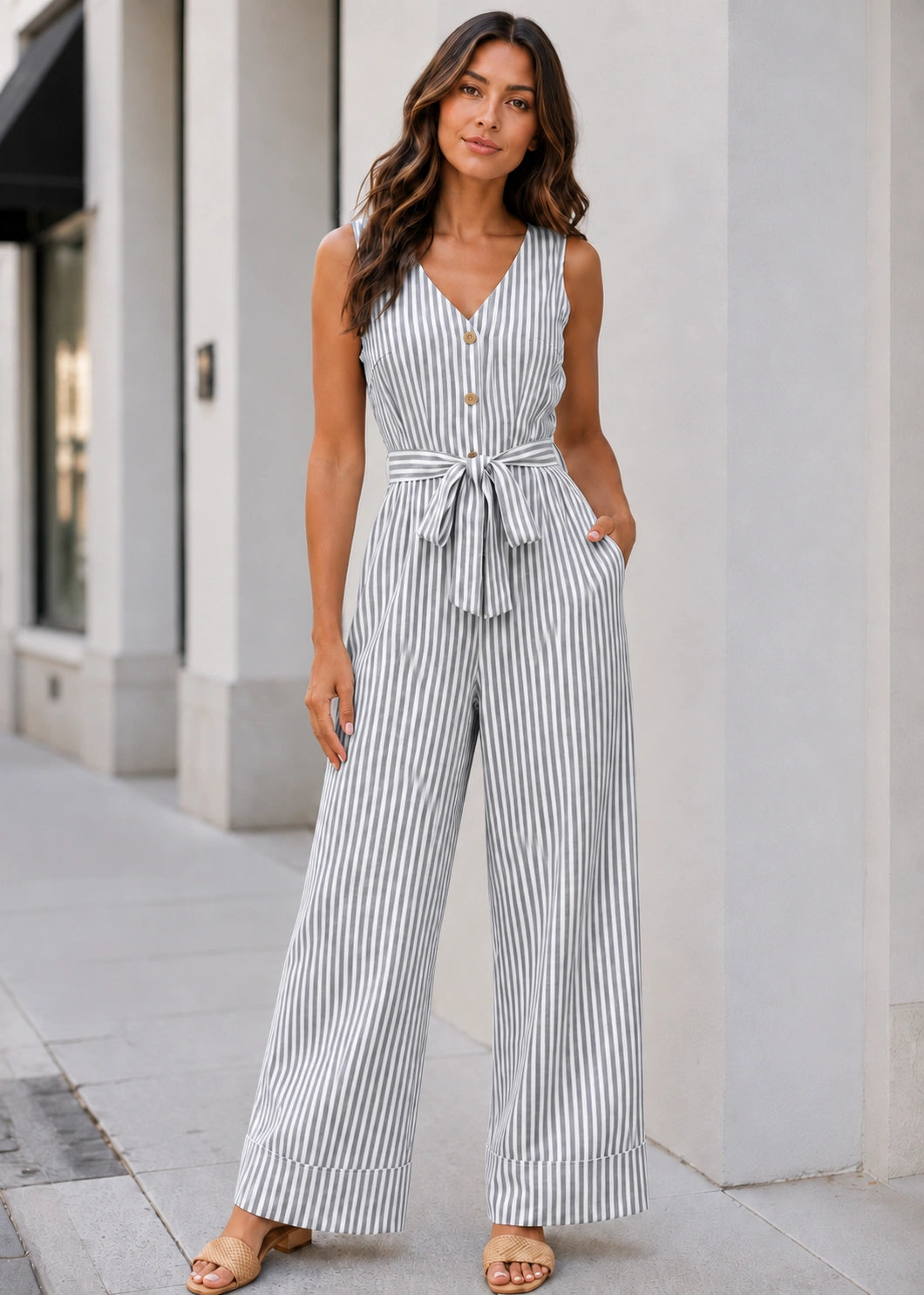 SALAZIA Sleeveless Vertical Stripe Button-Front Tie-Waist Wide-Leg Jumpsuits